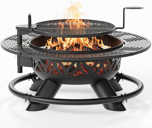47 Inch Heavy Duty Steel Fire Pit with Grill, Large Outdoor Fire Pits for Outside Wood Burning, BBQ