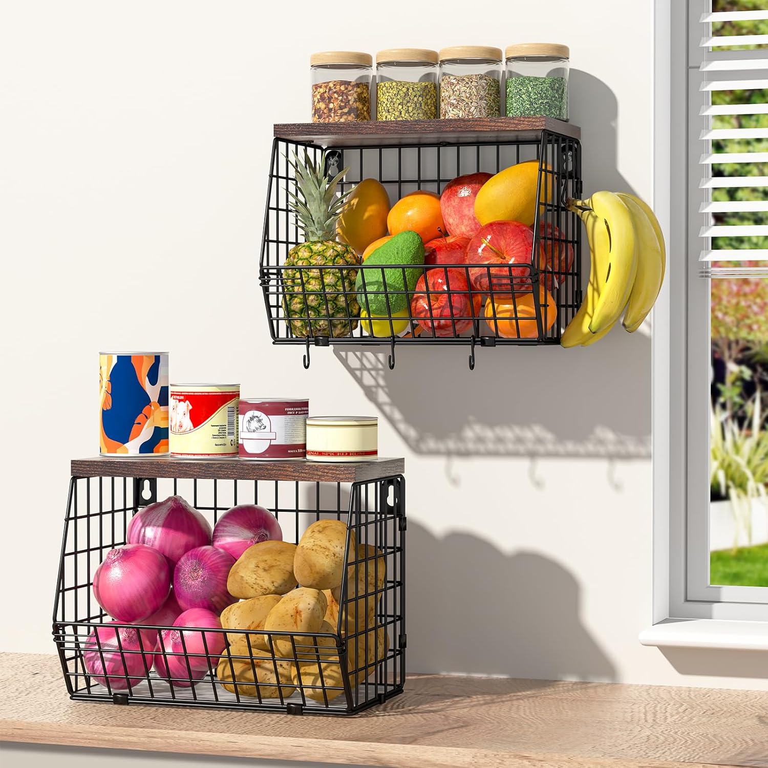 Wawocs 2 Tier Fruit Bowl Fruit Basket for Kitchen Counter Stackable Wall Mounted Hanging Basket Wire Baskets with Wood Lid with 4 Banana Hanger Hooks, Onion Basket, Fruit and Vegetable Storage