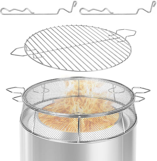 Wanchao Fire Pit Spark Shield Cover & Grill Grate for Solo Stove Bonfire 19.5",304 Stainless Steel Outdoor Spark Screen with Stand & 2 Guide Sticks,Fire Pit Lid & Cooking Accessories