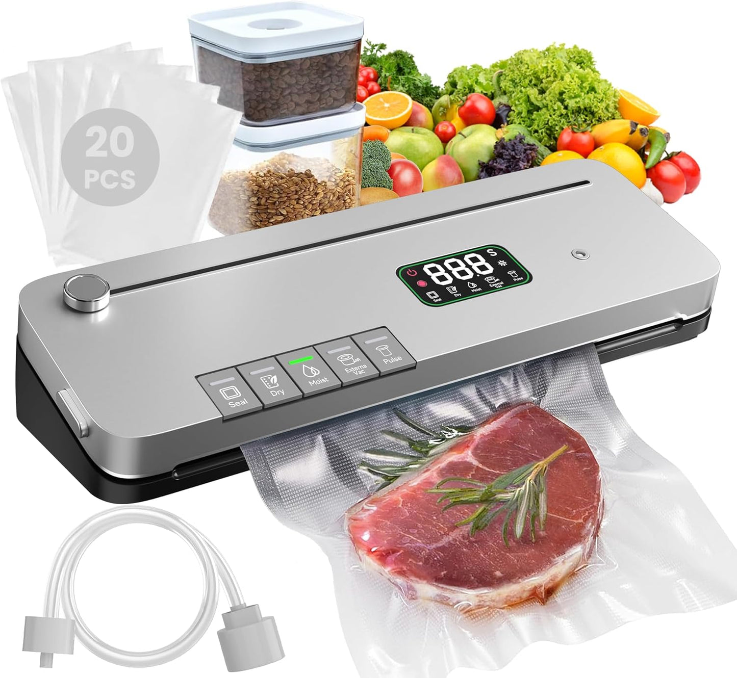 Food Vacuum Sealer Machine, 6-in-1 Food Sealing Machine: 75Kpa Strong Suction, with Digital Timer, External Cutter, Dry/Wet Separation Mode, Equipped with 20 Vacuum Bags for One Click Operation