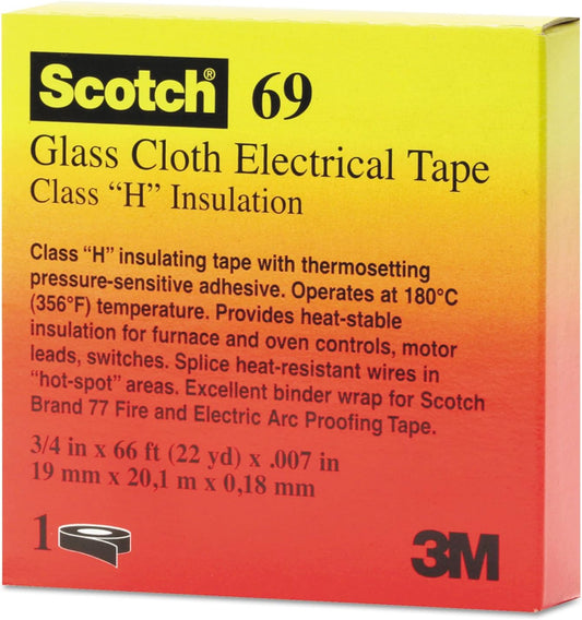 Scotch Glass Cloth Electrical Tape 69, 3/4 in x 66 ft – High-Temperature Resistant, Flame Retardant, Class H Insulation – Ideal for Electrical Maintenance and Repair