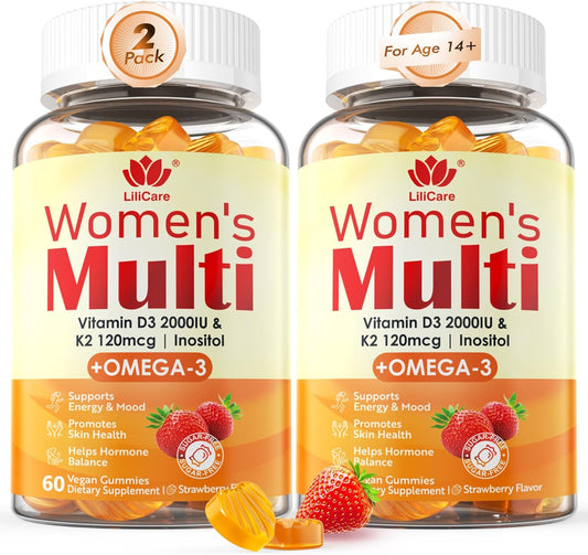 Womens Multivitamin Gummy with Omega 3（DHA\/EPA), Vitamin D3 K2, Calcium, Inositol, Daily Womens Vitamin A C E B Complex, L-MethylFolate, Methyl B12,Sugar Free Methylated Multivitamins Minerals, 120Cts