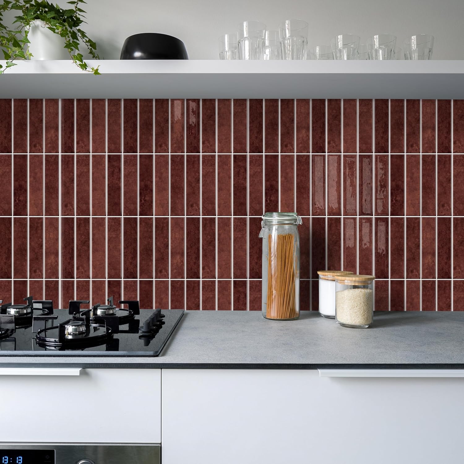 Alwayspon 10 Sheets 12" x12'' Retro Red 3D Vinyl Backsplash Tiles, Self-Adhesive Peel and Stick Wall Tile Stickers Stick on Subway Tiles for Kitchen Bathroom Wall
