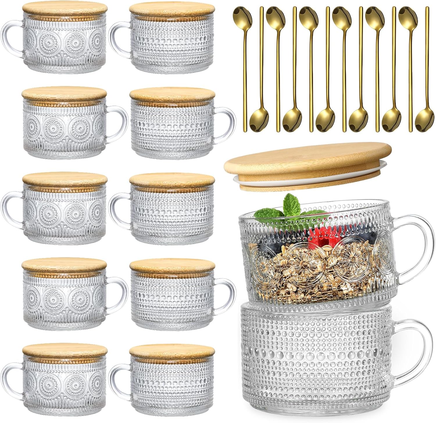 LANDNEOO 12pcs Set Irish Coffee Glasses, Vintage Coffee Mugs, Overnight Oats Containers with Bamboo Lids and Spoons - 14oz Clear Embossed Glass Cups, Cute Coffee Bar Accessories, Iced Coffee Glasses