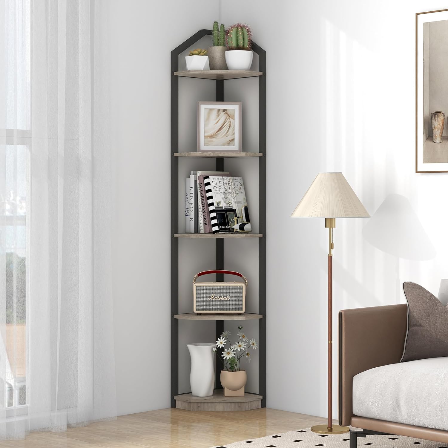 Fun Memories 5 Tier Corner Shelf, 70\u201D Corner Shelf Stand, Corner Bookshelf Plant Stand, Storage Shelf for Bathroom, Living Room, Kitchen,Grey Home Office, Grey