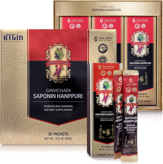Korean Red Ginseng Extract 3000mg Everyday, Saponin Hanppuri, Immune Booster and Focus Supplement for Brain Enhancement with Ginsenoside Rg3, Panax Ginseng 6 Years Root, 30Packets in 1 Set