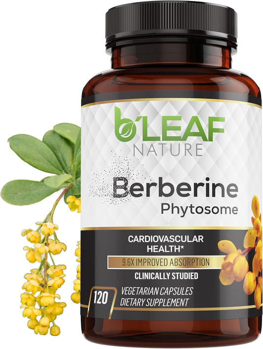 B\u2019Leaf Nature Berberine Phytosome, 120 Capsules \u2013 1100mg Berberine Supplement for Metabolic and Cardiovascular Support \u2013 Vegan, Gluten-Free, Non-GMO Berberine Phytosome Capsules for Immune Wellness