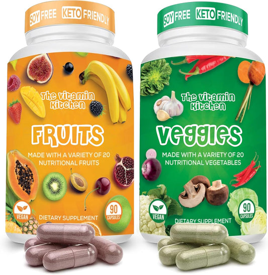 The Vitamin Kitchen Fruit and Veggie Supplements-90 Fruits, 90 Veggies Capsules to Boost Energy Level - Whole Food Fruits and Vegetable from Super Foods - Made in USA - Soy & Vegan Free (Pack of 2)\u2026