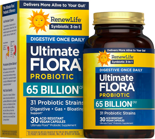 Renew Life Digestive Ultimate Flora Probiotics 65,000,000,000 CFU Delayed Release Vegan Capsules | Once Daily | Digestive Health | Immune Health | Dairy Free | 30 Count