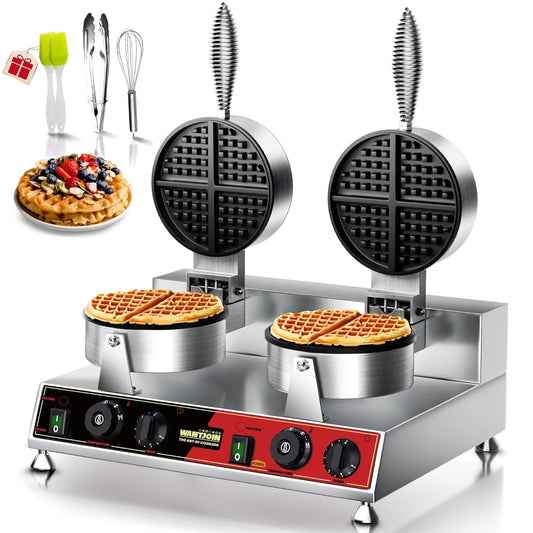 WantJoin Commercial Belgian Waffle Maker - Electric Double Waffles Iron, Stainless Steel Large Chaffle Machine, Black Non-stick Coating | 2500W 122-482℉ | 180° Rotating | Metal Anti-scalding Handle