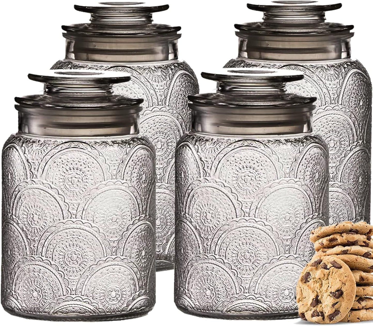 4pc Vintage Glass Canister Set with Airtight Lids - For Kitchen Food Storage and Organization