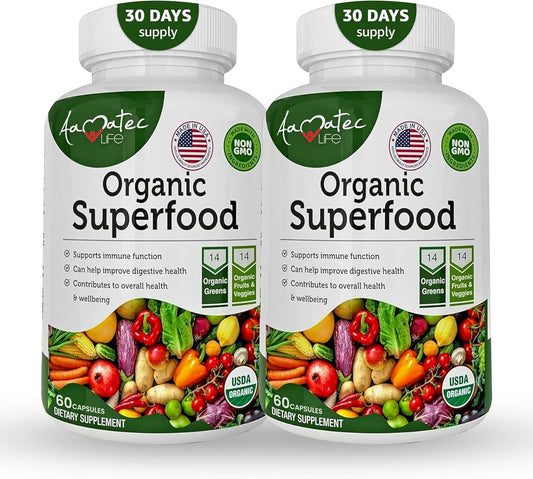 AAMATEC LIFE Organic Superfood Greens Fruits and Veggies Complex - Dietary Supplement with 14 Greens &14 Vegetables with Alfalfa Rich in Antioxidants Organic Ingredients Non-GMO (120 Count Pack of 2)