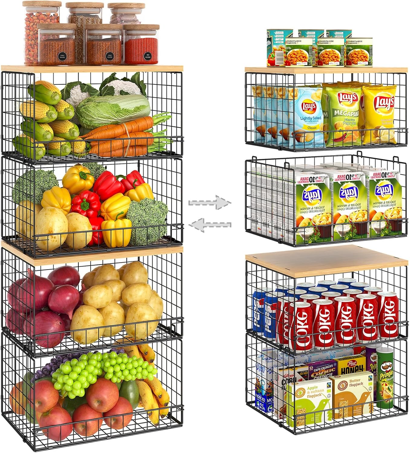 4 Pack Stackable Wire Baskets for Pantry Organizers and Storage, Pantry Baskets with Fixed Wooden Top, Fruit and Vegetable Storage Bins for Organizing Onion Potato Snack for Kitchen Cabinet/Countertop