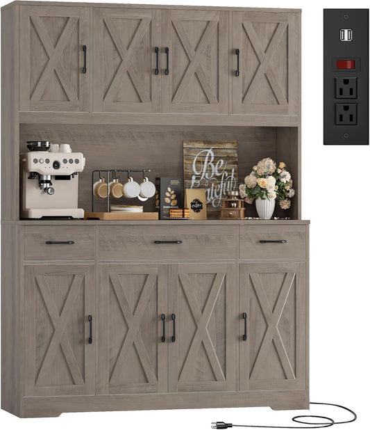 HOSTACK 71" Tall Kitchen Pantry Storage Cabinet with Charging Station, 55" Wide Kitchen Hutch Cabinet with Large Countertop, Farmhouse Food Pantry with Drawers for Living Room, Ash Grey
