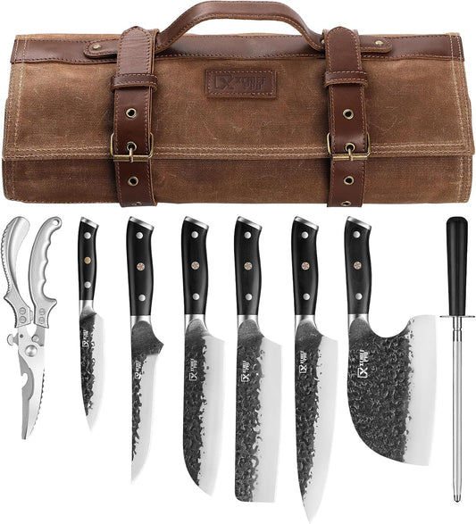 XCHIEF PRO Chef Knife Set, Hand Forged Meat Boning Carving Cleaver Butcher Knife, High Carbon Steel Japan Nakiri Santoku Knife Set with Accessories for Kitchen, BBQ Camping Knives Set with Bag