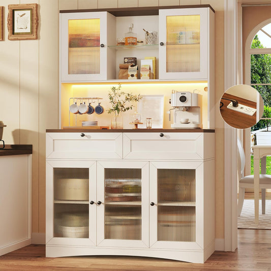 71" Kitchen Pantry Cabinet with Lights & Acrylic Doors, Pantry Storage Cabinet with Microwave Stand, Kitchen Hutch Food Cabinets with Charging Station, Adjustable Shelves, White