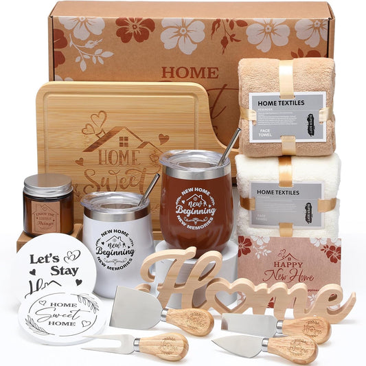 RimCereal Housewarming Gifts New House -19 Pcs Closing Gifts for Couple Friend Women Men Home Buyers, House Warming Basket for New Houses Apartment Kitchen Presents(Brown,Nature)