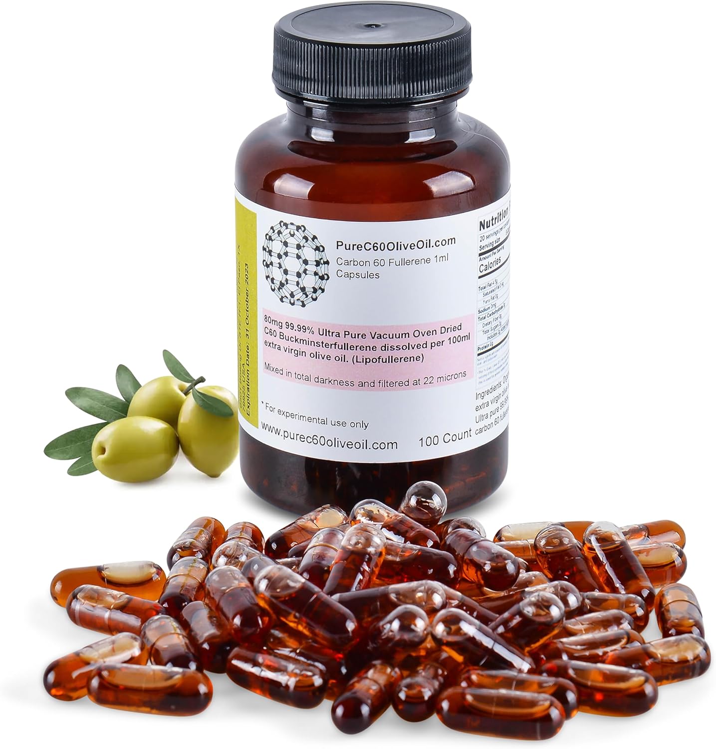 PureC60OliveOil C60 Organic Olive Oil Capsules Pills 100ml \/ 3.4 Fl Oz - 99.99% Carbon 60 Solvent Free 80mg - Food Grade - Carbon 60 Olive Oil - From The Leading Global Producer