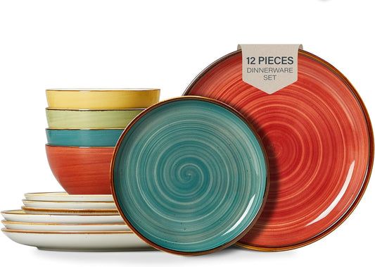 ONEMORE Plates and Bowls Set - Microwavable, Oven & Dishwasher Safe Porcelain Dinnerware Set - Scratch Resistant, Ceramic Dishware for 4(12pcs) - Assorted Colors