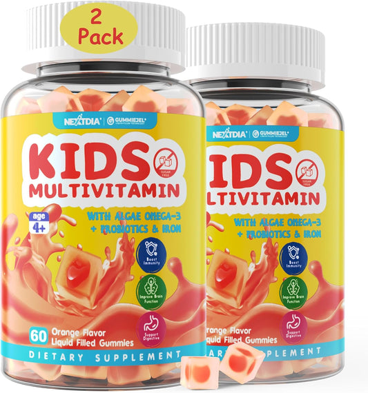 (2 Pack) Kids Multivitamin Gummies with Iron, Sugar Free, Kids Daily Vitamins + Probiotics, Algae Omega 3 (EPA\/DHA), A, C, D, Methyl B12, Folate, B6, Zinc, Biotin, for Healthy Growth, Immune Support