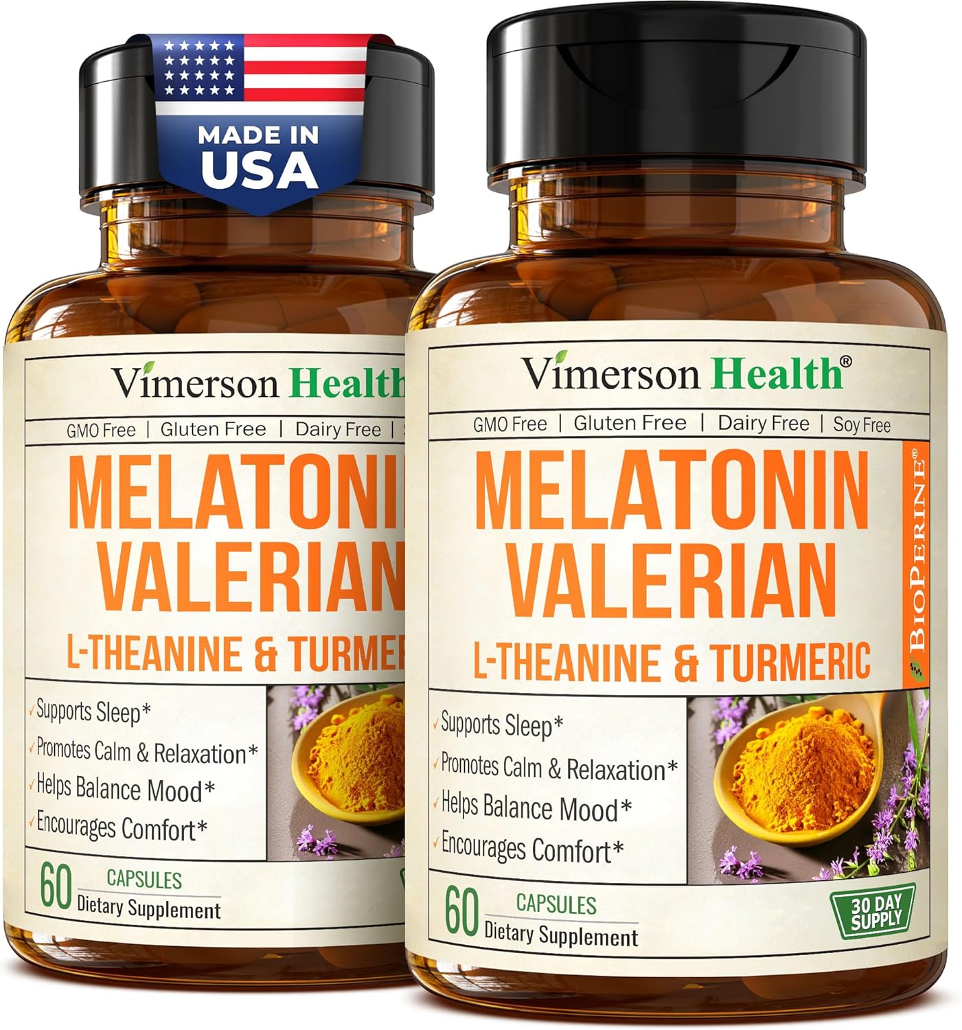 Melatonin Sleep Aid with L Theanine & Valerian Root \u2013 Turmeric Supplement \u2013 Turmeric Curcumin with Ginger & Black Pepper \u2013 L-Theanine & Melatonin 3mg for Sleep, Calm and Stress Relief \u2013 2 Pack