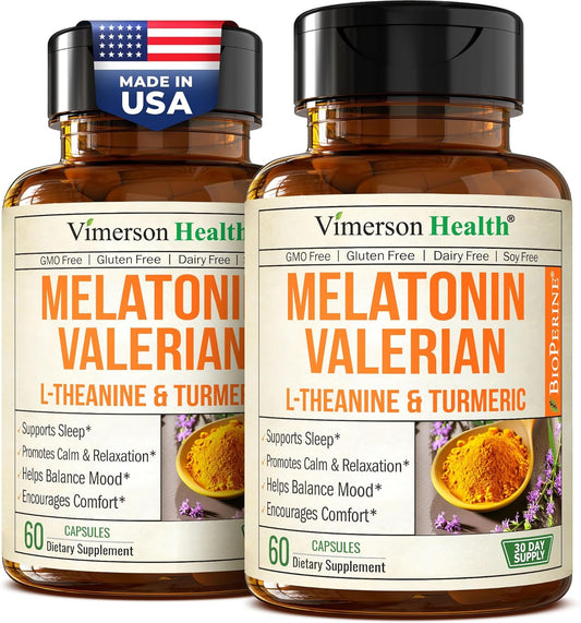 Melatonin Sleep Aid with L Theanine & Valerian Root \u2013 Turmeric Supplement \u2013 Turmeric Curcumin with Ginger & Black Pepper \u2013 L-Theanine & Melatonin 3mg for Sleep, Calm and Stress Relief \u2013 2 Pack