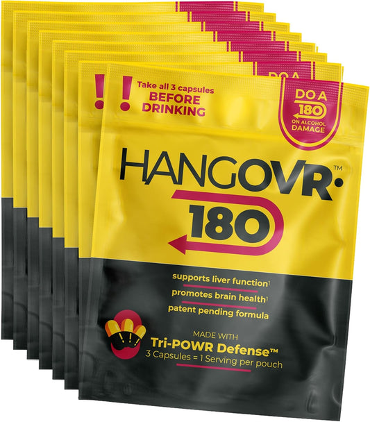 Hangovr 180 Tri-Power Before Drinking Defense 8 Pack - Support Liver & Brain Health, Feel Fresher & Better Energy - - Take Before Drinking for Relief, 3 Capsules per Pouch
