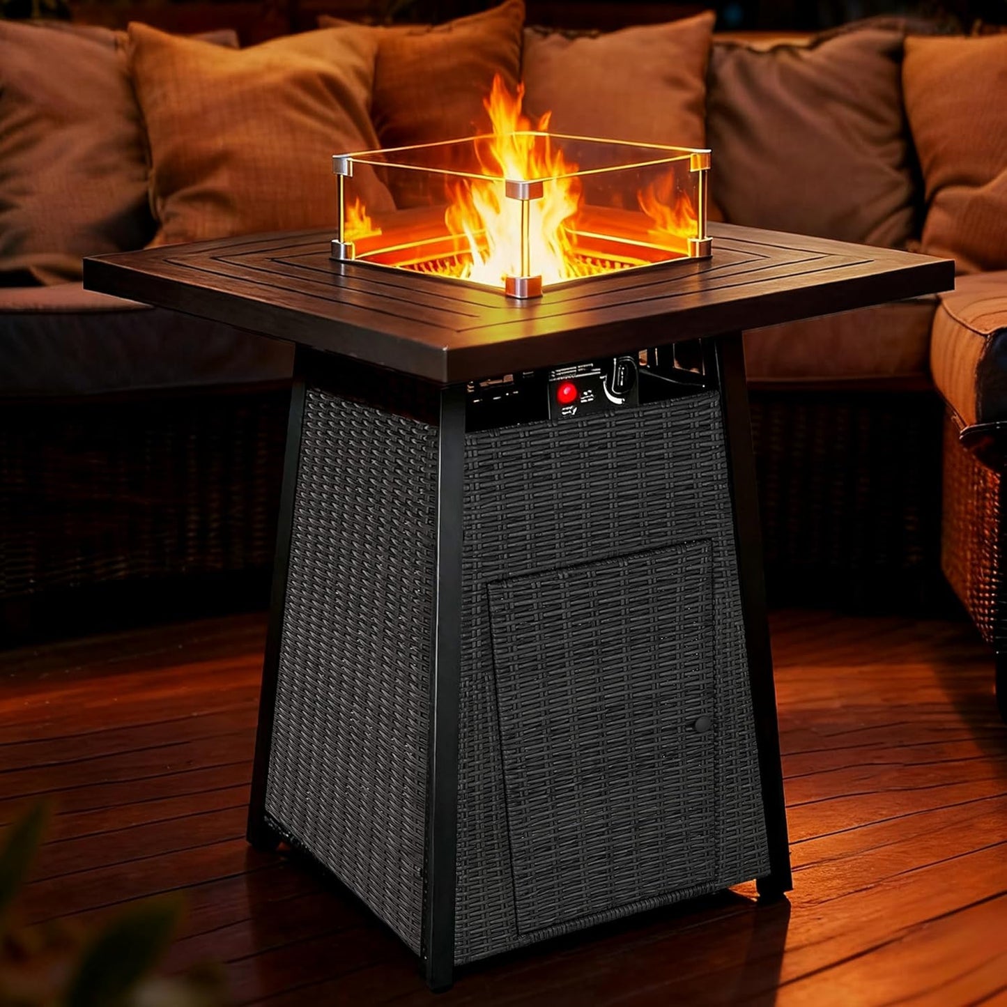 38" Outdoor Propane Fire Pit Table, 50000 BTU Gas Fire Table with Premium Metal Tabletop, Wicker Fire Pit w Rain Cover and Glass Wind Guard for Backyard,Garden,Patio