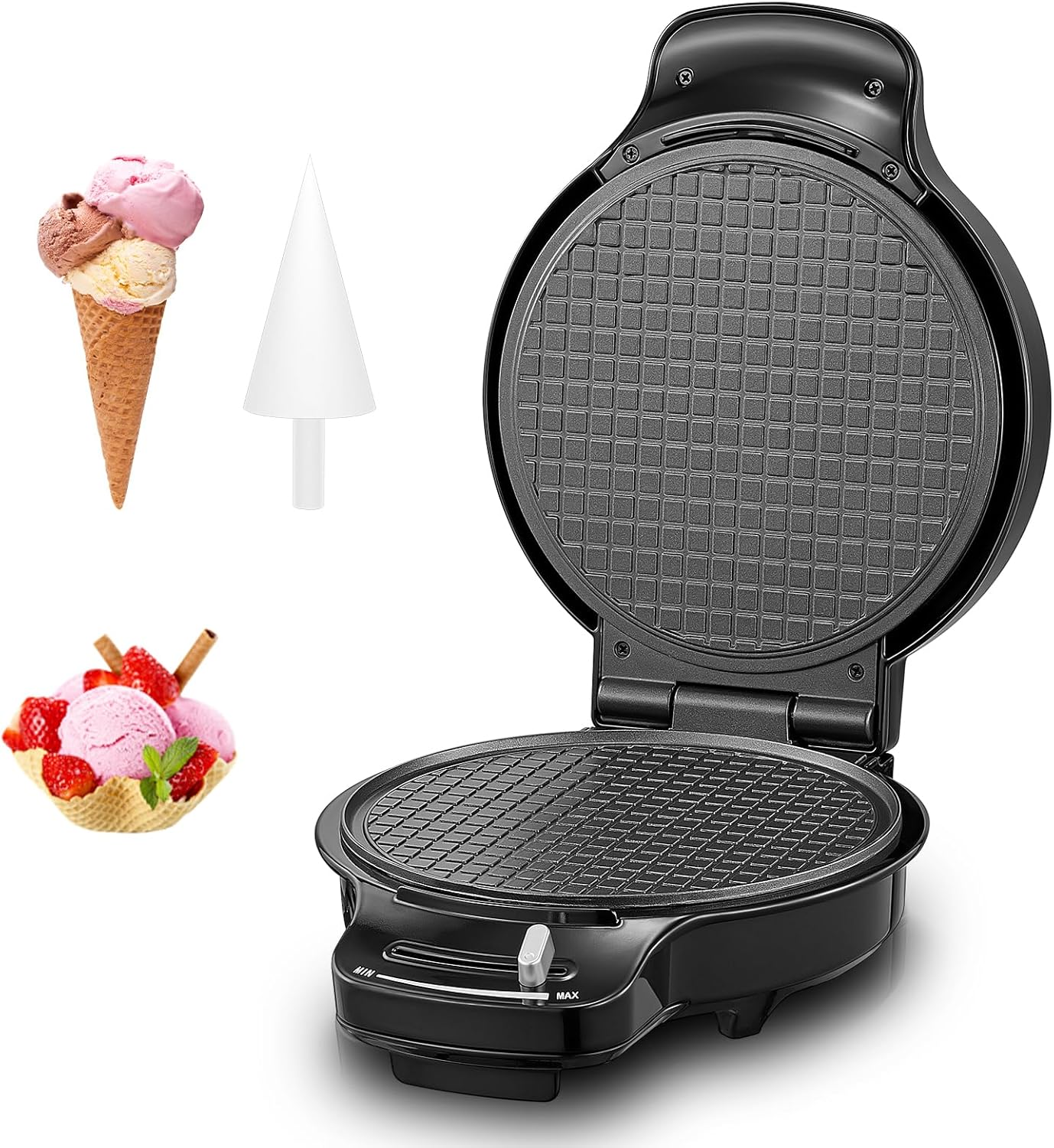 FOHERE Waffle Cone Maker Machine and Ice Cream Bowl Maker with Browning Control, Double Side Nonstick Waffle Bowl Maker with Cone Roller, 7.5” Thin Waffle Maker for Home Kitchen
