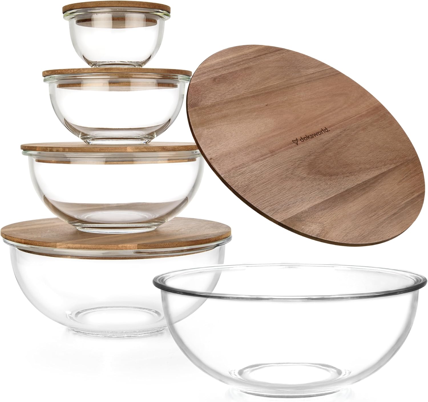Dokaworld Stackable Space-Saving Set of 5 Nesting Glass Bowls with Acacia Lids for Foodprep, Storage, Mixing & Cooking - Microwave & Oven-ready BPA Free Durable Heat Resistant Inert Borosilicate Glass