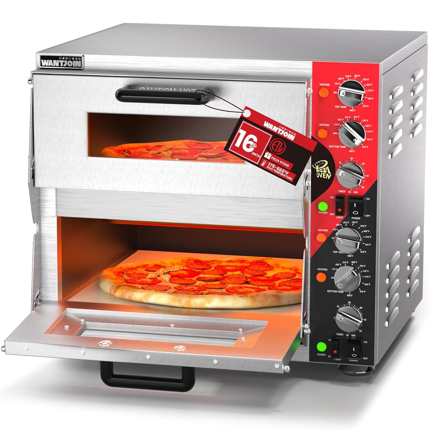 WantJoin 16 Inch Indoor Pizza Oven Countertop - ETL Listed, Commercial Double Decker Electric Pizza Ovens with Pizza Stone, 60-Min Ring Timer, for Home and Restaurant, 3200W