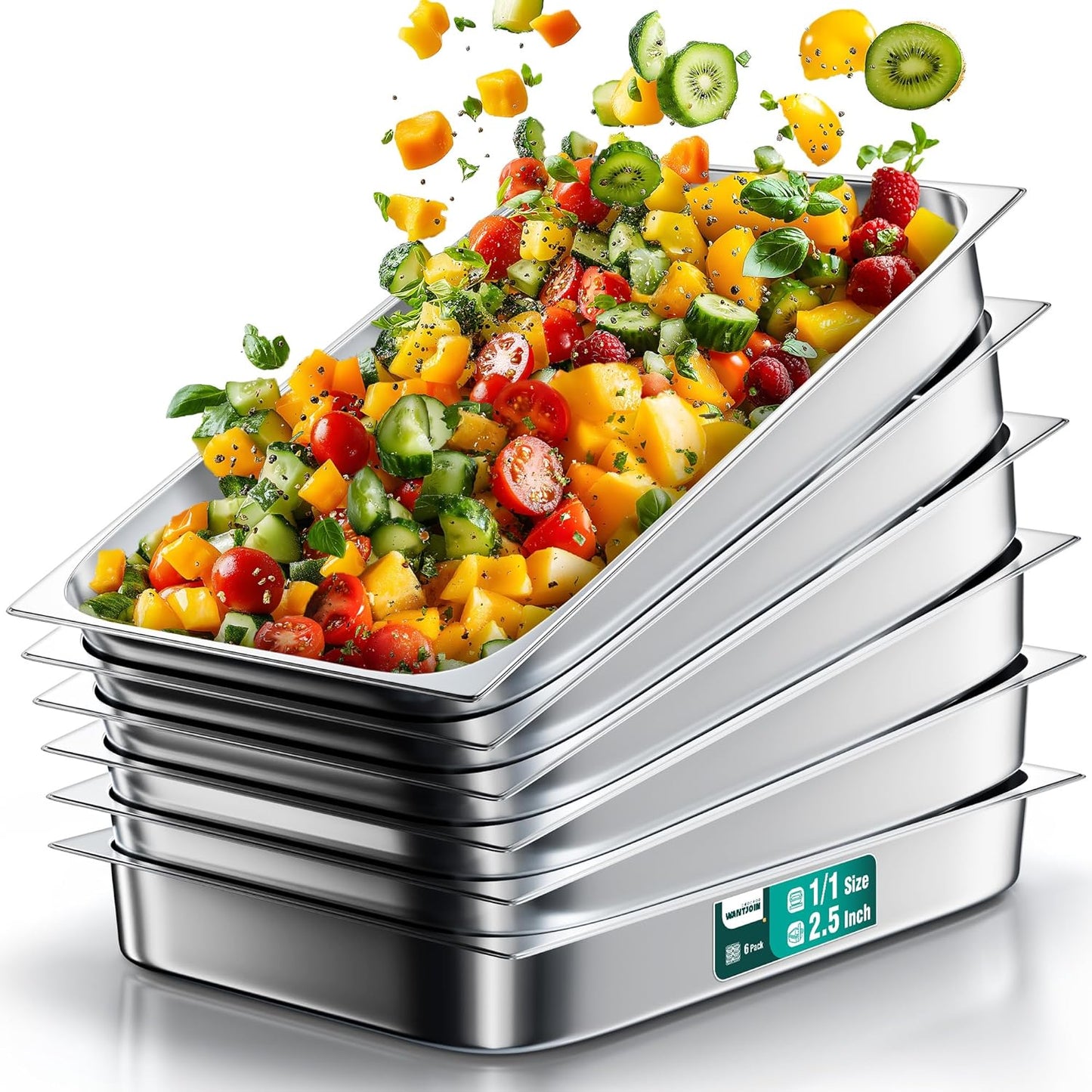 WantJoin Steam Table Hotel Pans 1\/1 Full Size 2.5 Inch Deep 6 Pack, Stainless Steel Metal Tray Sets Food Storage Container for Restaurant Chafing Dishes Commercial Buffet Warmer Catering Supplies