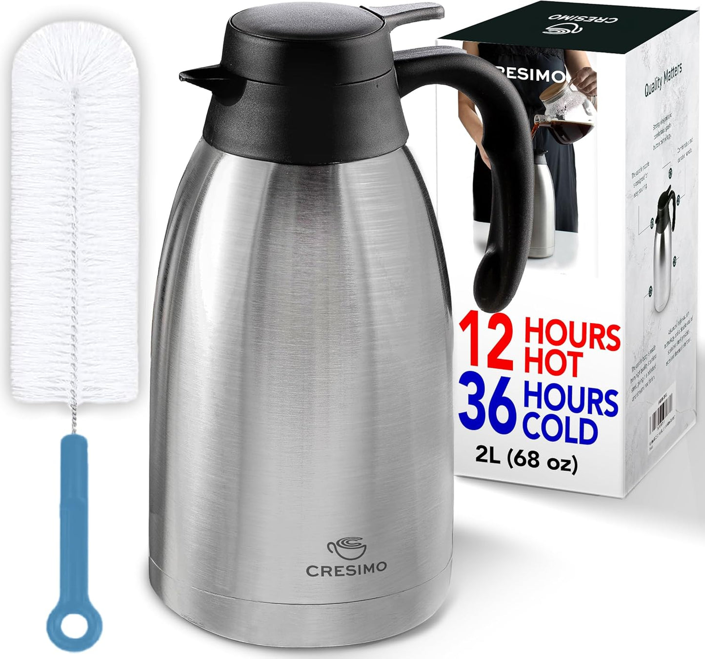 Thermal Coffee Carafe with Cleaning Brush - 68 oz \/ 2L, 24 Hours Cold or 12 Hours Hot Water Dispenser, Carafe for Hot Liquids - Insulated Stainless Steel Coffee Urn - Easy Use Tea Dispenser - Cresimo