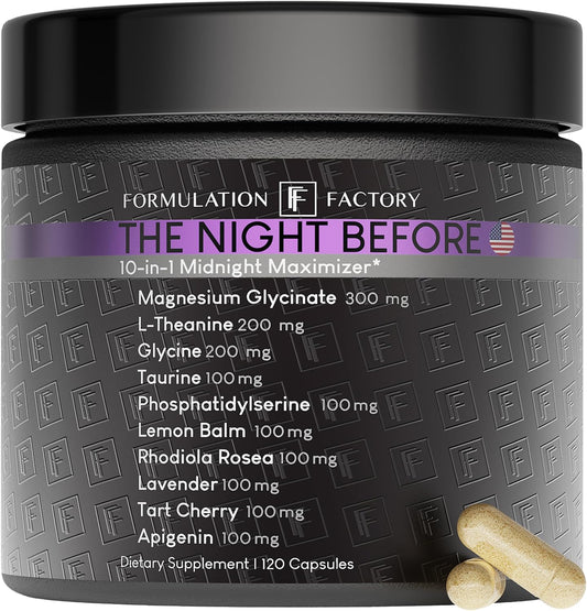 The Night Before 10-in-1 Midnight Maximizer Sleep Aid, Stress Relief, Cognition, Relaxation, Recovery, Focus, Magnesium Glycinate, L-Theanine & More, (120 Capsules \u2013 2 Month Supply)