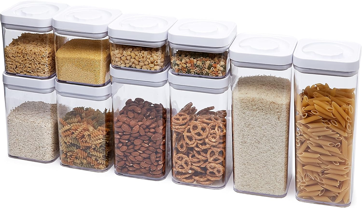 Amazon Basics Airtight Food Storage Containers, BPA Free, with Twist\/Turn Lids, for Kitchen Pantry Organization, 10-Piece Square Set, Clear Plastic