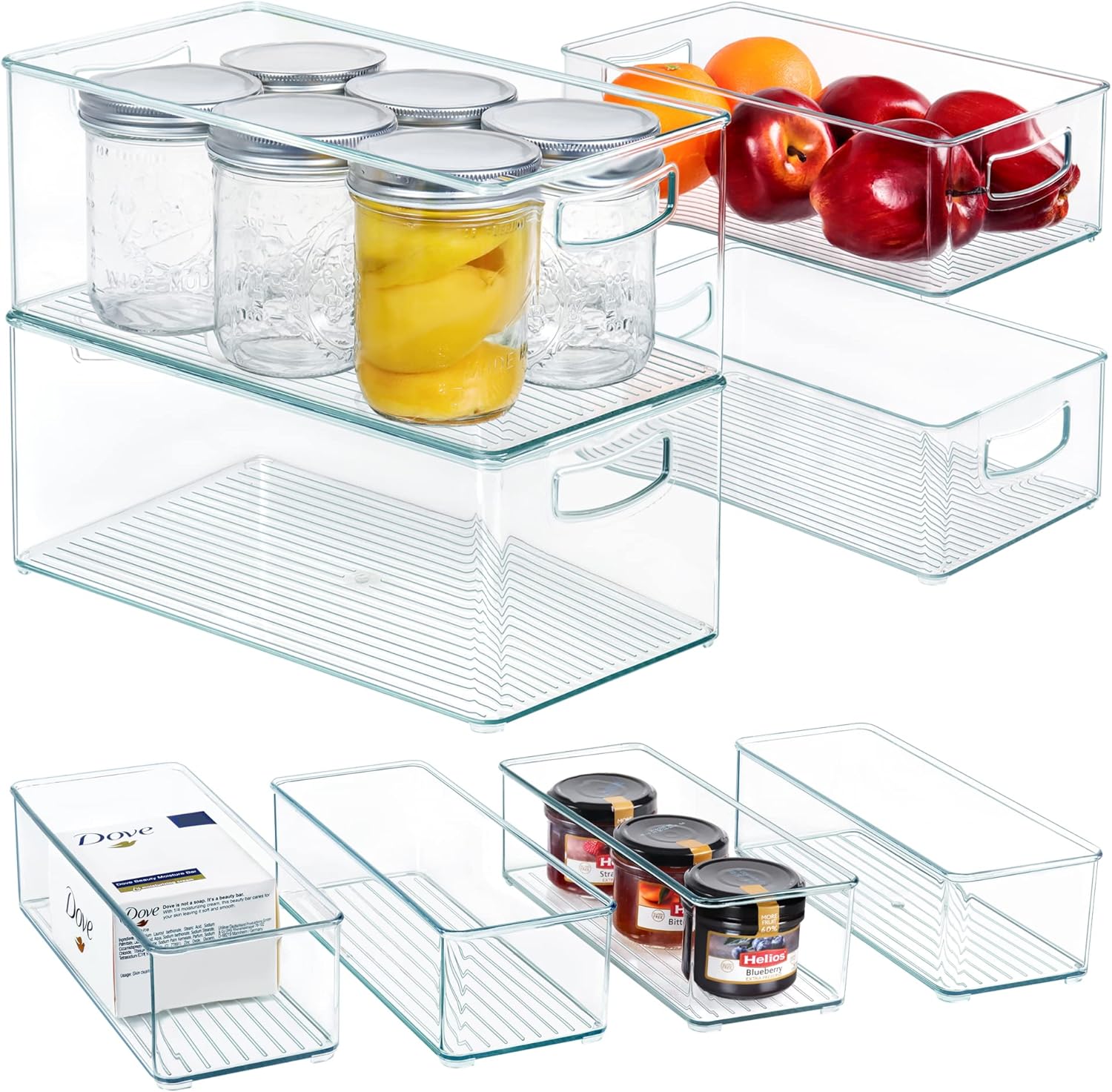 Hudgan 8 PACK Stackable Pantry Organizer Bins (3 sizes) - Clear Fridge Organizers for Kitchen, Freezer, Countertops, Cabinets - Plastic Food Storage Container with Handles for Home and Office