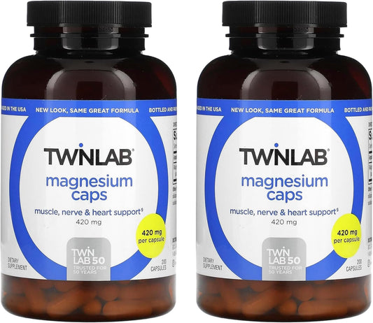 Twinlab Magnesium Caps - High Absorption Magnesium Supplement to Support Leg Cramps Relief - Magnesium Capsules for Stress Relief, 420 mg, 200 Count, 2 Pack