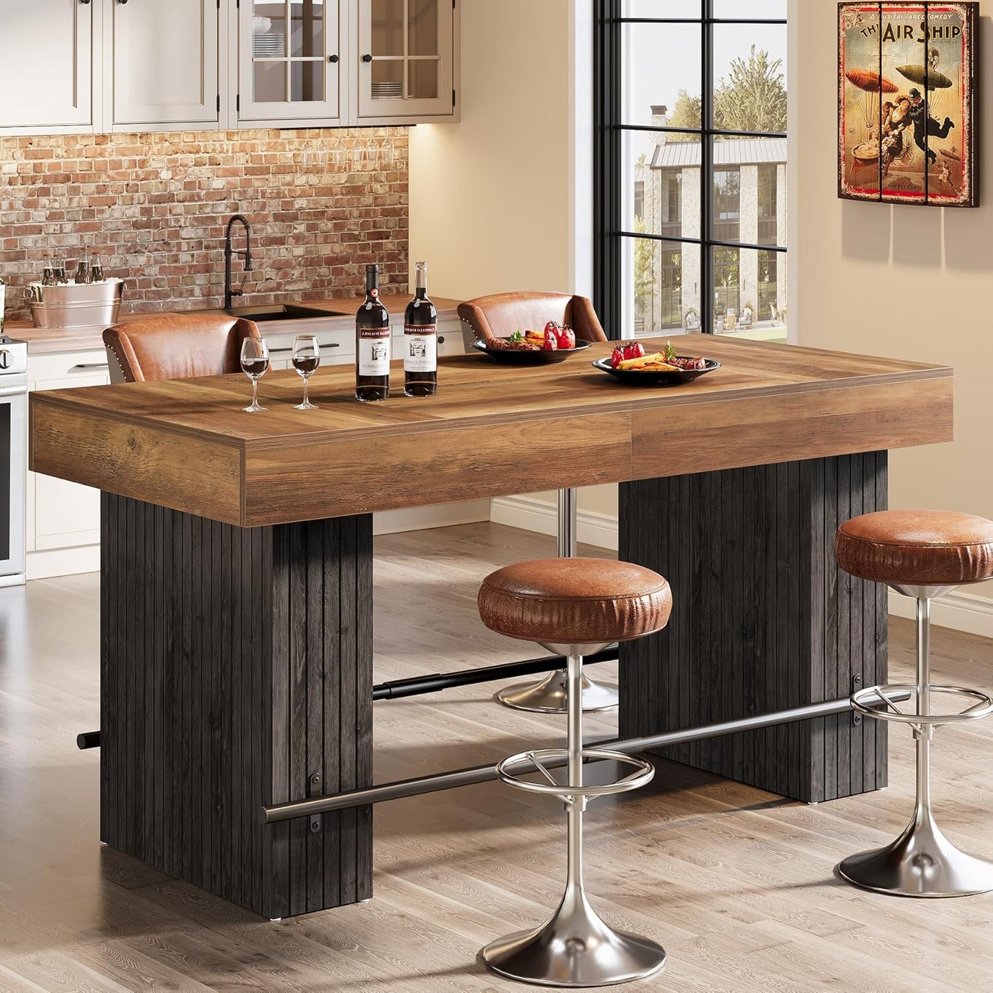 Tribesigns 63 Inch Bar Table, Industrial Counter Height Pub Dining Table, Rectangular Home Bar Units with Metal Footrest for Home Kitchen, Dining Room, Bistro