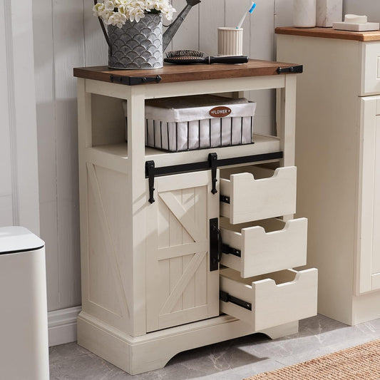 OKD Bathroom Floor Cabinet, Farmhouse Cabinet with Sliding Barn Door & Storage Drawers, Small Storage Cabinet for Bathroom, Kitchen, Living Room, Rustic Oak with Antique White