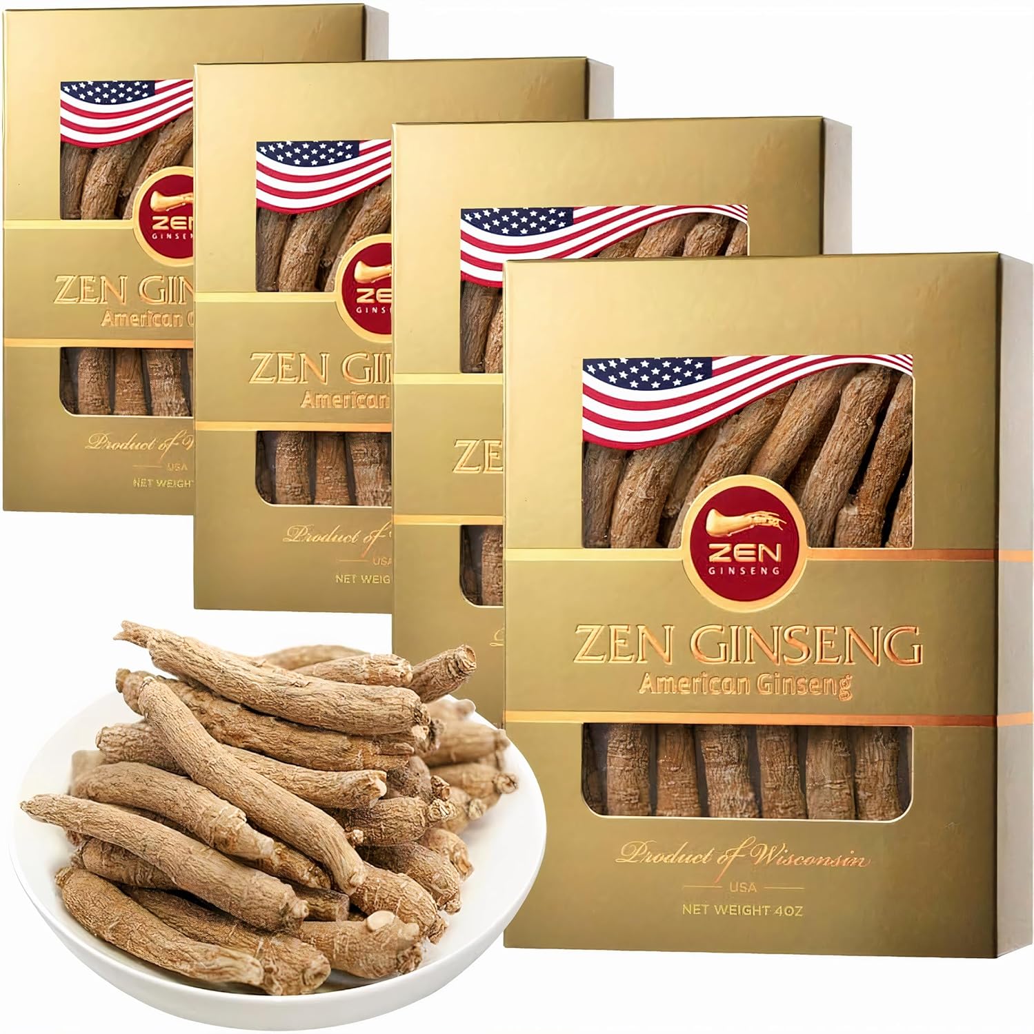 4 Boxes of American Wisconsin Ginseng - Small Long Root - Premium Quality Panax Ginseng. Boosts Body Immunity, Energy for Men & Women (16oz)