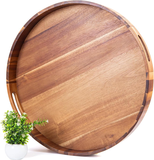 Decent Vrvege Extra Large Round Ottoman Coffee Table Tray, 22" Big Kitchen Serving Trays for Huge Ottoman Counter Giant Decorative Organizer, Huge Wood Serveware Tray with Built-in Handle for Big Job