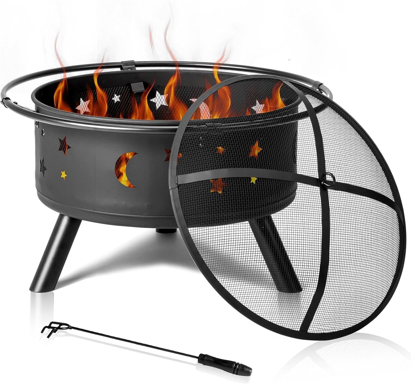 30" Heavy Duty Round Fire Pit with Mesh Lid, Outdoor Metal Bonfire Pit, Stable Iron Mesh Construction & Included Poker, Compact Fire Bowl for Wood Burning, Garden, Patio, Backyard (Black)