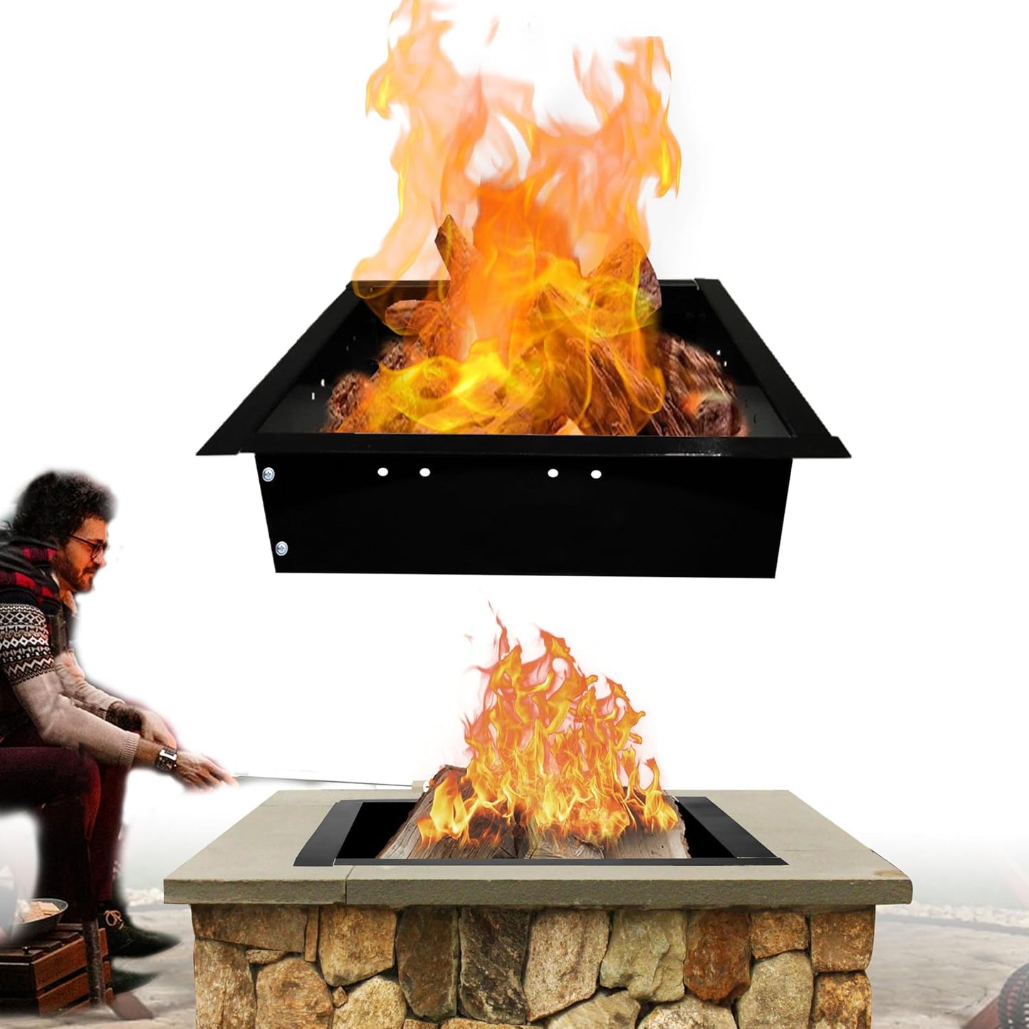 FEBTECH - Smokeless Fire Pit Ring Insert - 29" OD & 25" ID - Powder Coated 2MM Carbon Steel Square Fire Ring with Air Vents -DIY in or Above Ground Fire Pit Ring for Outdoor Garden, Backyard or Patio