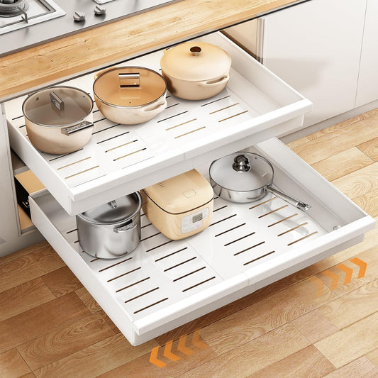 Wider Pull out Cabinet Organizer, Expandable(13.6"-24") Heavy Duty Peel and Stick Roll out Drawer for Pots and Pans, Adjustable Adhesive No Drill Screw Slide out Shelf Storage for Home Kitchen Pantry