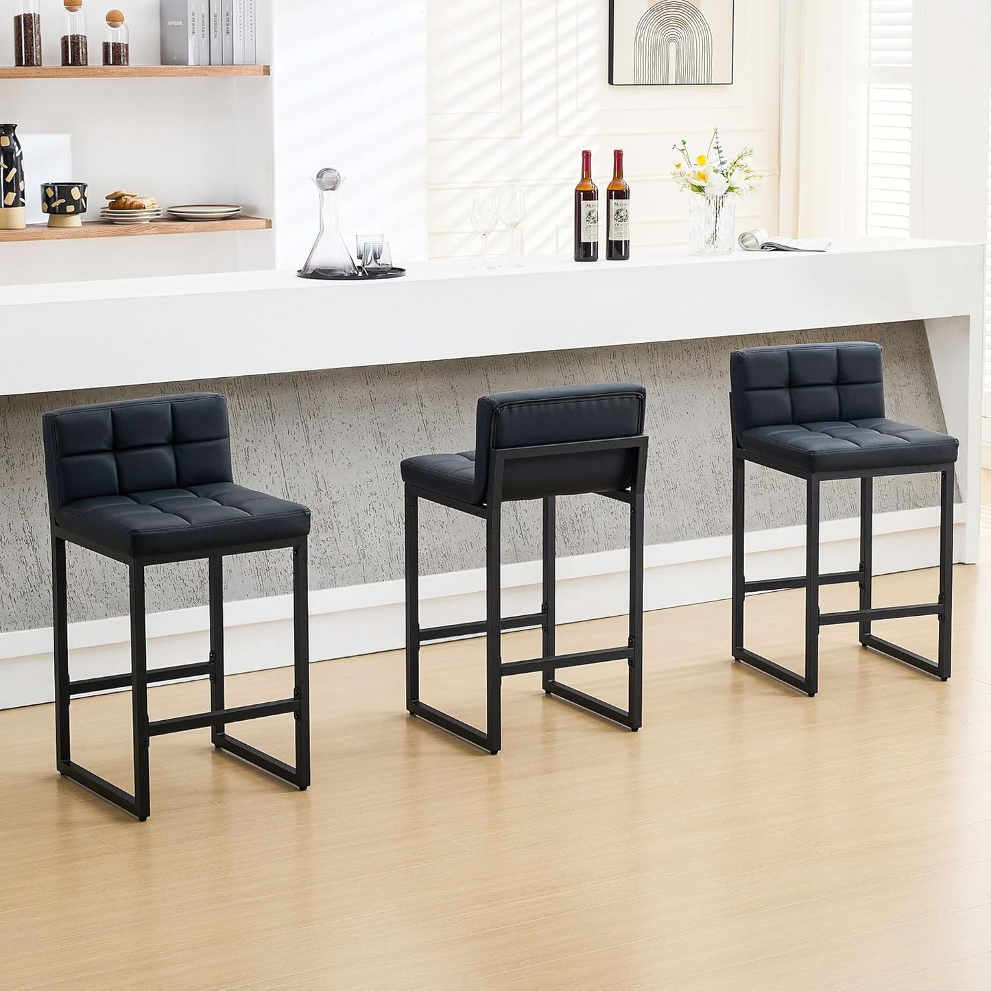FIRAVOE Bar Stools Set of 3, Upholstered Faux Leather Counter Height Barstools with Low Back and Thickened Metal Legs, Modern Bar Chairs for Kitchen Island, Bar, Counter (Black, 3Pcs 26" Bar Stools)
