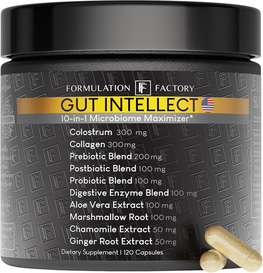 Formulation Factory Gut Intellect 10-in-1 Microbiome Maximizer with Probiotics, Prebiotics, Enzymes, Berberine, Ginger, Mint, Supports Digestion & Brain-Gut Health (2 Month Supply, 120 Capsules)