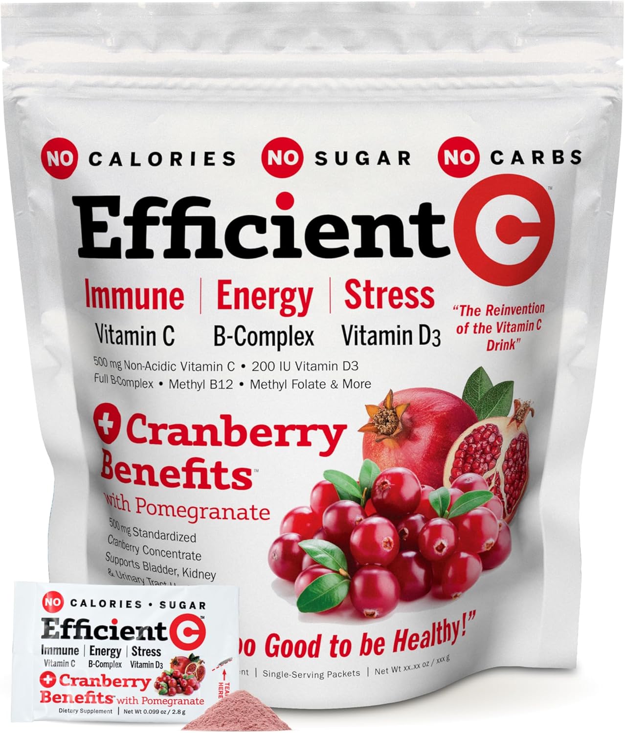 ANDREW LESSMAN Efficient C + Cranberry Benefits 90 Packets - Immune, Energy, Stress and Urinary Tract Support. Reinvention of The Vitamin C Drink. No Calories. No Sugar. No Carbs. Easy to Mix.