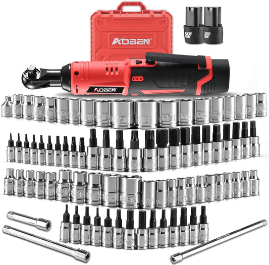 AOBEN Cordless Electric Ratchet Wrench with 83pc 1\/4" to 3\/8" impact sockets set,12V Electric Wrench with Variable Speed,3\/8" to 1\/4" Adapter, 3" Extension Bar