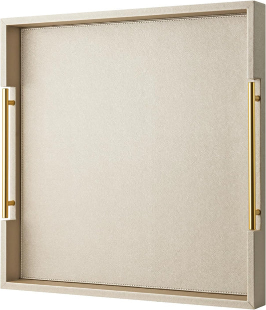 Champagne Faux Leather Serving Tray with Handles,20x20inches, Large Decorative Tray for Ottoman Coffee Table Decor Living Room, Kitchen, Bathroom