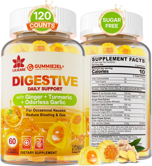 LILICARE Ginger Chews Gummies for Nausea & Digestive Support, Stomach Relief, Sugar Free with Turmeric,Odorless Garlic, Quercetin, Vitamin D3,Digestive Supplements for Occasional Bloating & Gas, 2Pack